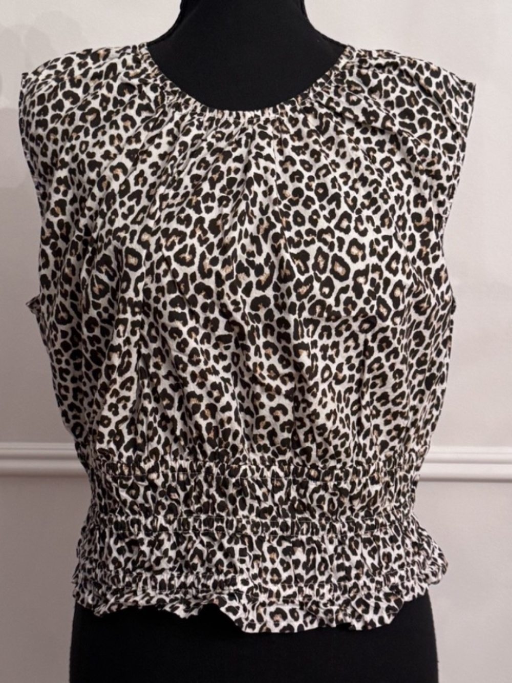 J.Crew Hyacinth Top M Leopard Cotton Poplin Smocked Waist Gathered Neck EUC